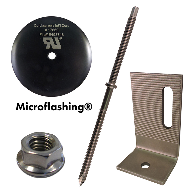 Part Number 17672SS Multi Roof Mount Kit - 5/16 X 7" QuickBOLT Kit with 3" Microflashing SS Offset L-Foot; & Flange Nuts - 20/Kit 3 Kits/Carton Weight/Kit = 12.50 Lbs